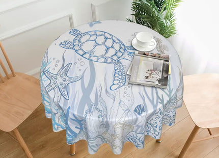 Jecuwo Nautical Coastal Round Tablecloth 60 Inch Turtle Coral Starfish Table Cover Seashell Ocean Beach Washable Decoration Tablecloth Indoor and Outdoor Dining Table Home Party Decor