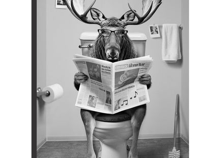 Funny Moose Sitting on Toilet Reading Newspaper Bathroom Wall Art, 8"x10"