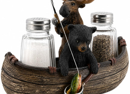 Comfy Hour Bear Salt and Pepper Shakers with Holder, Moose Canoe Set
