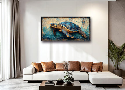 Large Nautical Turtle Wall Art for Living Room, Coastal Ocean Canvas Oversized Wall Decor, Beach Aesthetics Framed Pictures Painting Print Artwork for Bedroom Office 60L x 30W