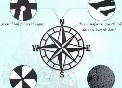 Resama Black Metal Décorative Nautical Compass Wall Decor, Indoor or Outdoor Wall Hanging Art Perfect for Beach