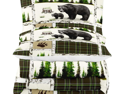 LUVIVIHOME 2PCS Rustic Cabin Bedding, Black Bear Comforter Set Twin Size, Country Lodge Farmhouse Forest Animal Wildlife Hunting Log Cabin Bedroom Decor, Green Plaid Patchwork Quilt, 1 Pillow Sham