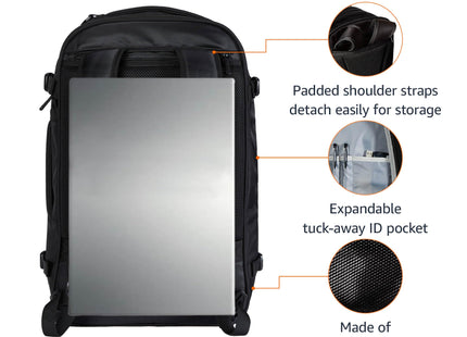 Amazon Basics Travel Backpack,Carry-On with Laptop Compartment, 1.55 cu. ft. Capacity,Expandable for 10% Extra Space,Convertible Backpack & Shoulder Bag,Multiple Pockets,13.8"W x 21.5"H x 9.5"D, Black