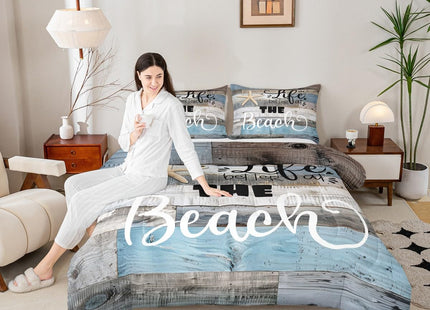 Castle Fairy Rustic Farmhouse Comforter Set King Size Beach Life Bedding 3pcs for Room Decor Blue Grey Stripes Quilted Duvet Ocean Starfish Cabin Wood Insert,2 Pillowcases(CYJS9693ZMD-BZ_USk)