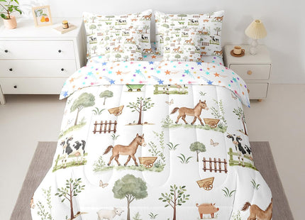 Erosebridal 7 Pcs Cute Farm Animals Kids Comforter Set Cartoon Horse Sheep Cow Pig Twin Bedding Set for Child Rustic Farmhouse Cabin Comforter Woodland Animal Trees Top Sheet for Boys Girls Bedroom