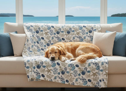 Coastal Ocean Beach Throw Blanket, Blue Gray Taupe White, 50x70 Oversized