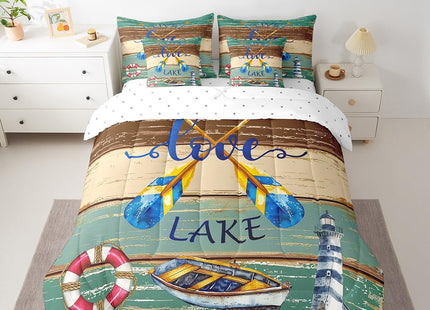 Erosebridal Lake House Bedding Set Full 7 Piece,Rustic Cabin Boating and Fishing Comforter Set with Sheets Paddles Lighthouse Nautical Bed in A Bag Green Brown Wooden Board Bed Set