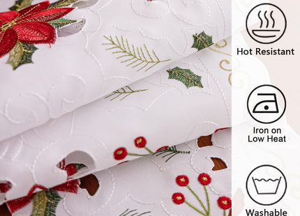 Joyfol Day Christmas Florals Table Runner 14 x 33 Inch, Embroidered Cutwork Poinsettia Holly Leaves Table Runners, Winter Holiday Flowers Tabletop for Xmas Party Decorations