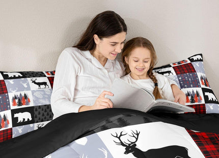 Teens Hunting Moose Deer Comforter Set,Christmas Bear Trees Vines Patchwork
