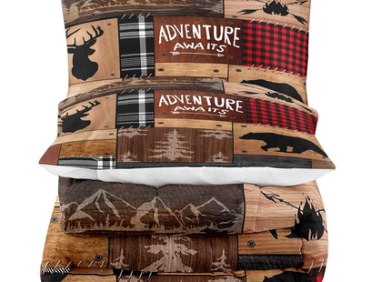 LUVIVIHOME 3PCS Cabin Comforter Set King Size, Rustic Farmhouse Bedding, Black Bear Deer Elk Moose Forest Animal Wildlife Hunting Country Brown Patchwork White Red Plaid Lodge Quilt, 2 Pillow Shams