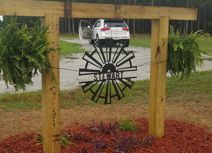 RealSteel Personalized Farmhouse Windmill Monogram Sign – Custom Metal Family Last Name Wall Art, Rustic Steel Front Door Hanger, Outdoor & Indoor Home Decor, Wedding Gift