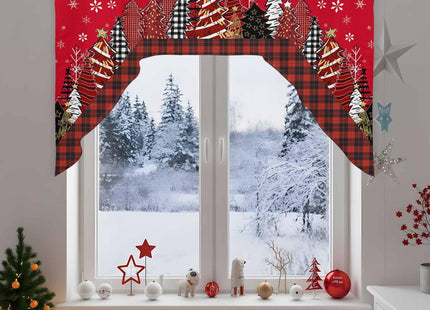 Red Christmas Tree Buffalo Plaid Curtain Valance for Window,Farmhouse Swag Curtains,Snowy Forest Farmhouse Valance for Kitchen Bathroom Bedroom,Rod Pocket Window Valance Curtains Over Sink 56"W x 36"L