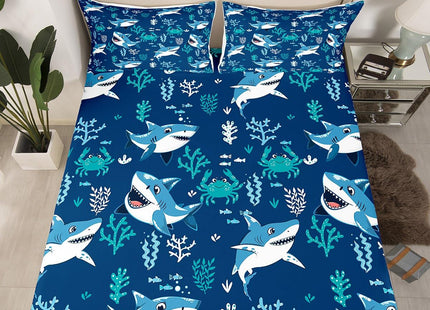 Cartoon Shark Fitted Sheet Twin for Kids Boys Girls, Ocean Blue Nautical Sea Animals Bed Set