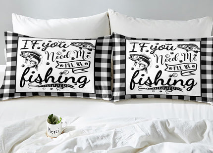 Pike Fish Duvet Cover, Hunting Fishing Comforter Cover for Kids Boys Teens Adult, Black White Geometric Plaid Grid Bedding Set Ocean Animal Sealife Quilt Cover with Zipper Corner Ties, Full