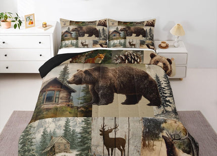 Feelyou Bear Comforter Cover Toddler Size Cabin Bedding Set Wild Animal Hunting Quilt Set for Kids Boys Teens Room Decor Western Rustic Farmhouse Duvet Cover Green Beige