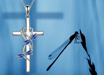 POPLYKE Dragonfly Cross Necklace for Mother Daughter 925 Sterling Silver Dragonfly Pendant Necklace for Sister Butterfly Jewelry Gifts for Grandma