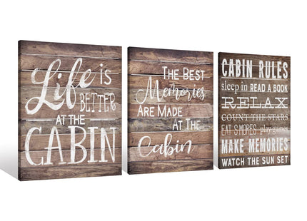 Cabin Rules Life Is Better At The Cabin Canvas Wall Art Prints Artwork Signs Framed for Porch Wall Decor, 11 X 14 inch Set Of 3, Housewarming Gift, Lake Cabin Decor