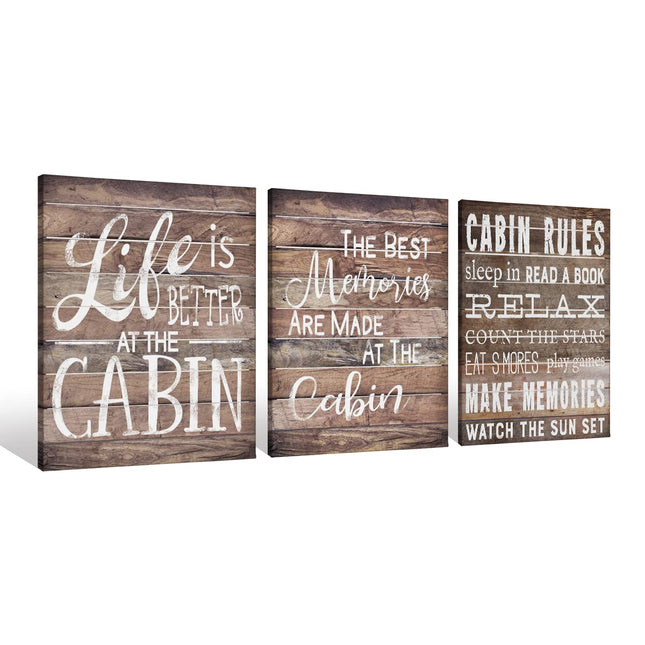Cabin Rules Life Is Better At The Cabin Canvas Wall Art Prints Artwork Signs Framed for Porch Wall Decor, 11 X 14 inch Set Of 3, Housewarming Gift, Lake Cabin Decor
