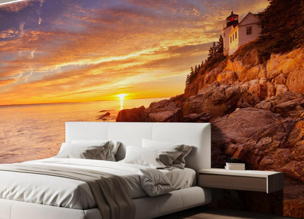 wall26 - The Bass Harbor Head Lighthouse in Acadia National Park, Maine, USA. Photographed During a Spectacular Sunset. - Removable Wall Mural | Self-Adhesive Large Wallpaper - 66x96 inches