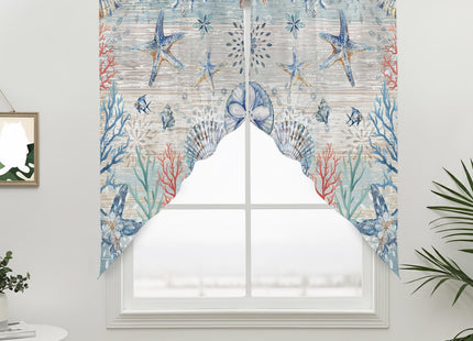 Coastal Starfish Swag Valances for Windows Rod Pocket Kitchen Window Curtains Over Sink, Ocean Sea Beach Coral Blue Kitchen Curtains Sets, Swag Curtains Valance for Living Room, 28"x36" Set of 2
