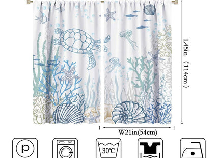 JanJCurt Nautical Turtle Curtains, Coastal Sea Ocean Theme Coral Starfish Seashell Jellyfish Undersea Life Window Curtains for Kids Bedroom Living Room Kitchen, 42x45 Inch (No Blackout)