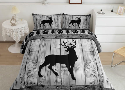 Castle Fairy Deer Bedding Set Twin Size,Rustic Farmhouse Wood Board Comforter Set 2Pcs,Wildlife Hunting Quilt Set for Kids Teens Adult Room Decor,Grey Black Bear Pine Print Duvet Insert,1 Pillowcase