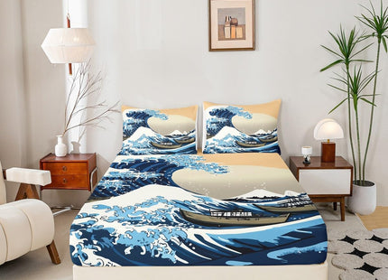 Erosebridal Japanese Style Fitted Sheet Twin for Boys Girls Ocean Wave Print Bedding Set Kids Women Ukiyo-e Theme Fitted Sheet Deep Pockets Soft Skin-Friendly Breathable Bed Sheet with 1 Pillowcase