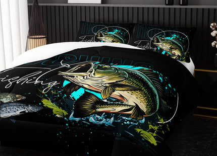 Nttopship Big Pike Fish Bedding ，Hunting and Fishing Brown Green Bedding Set Themed Comforter Set for Kids Boys Room Decor, Queen Bed in a Bag for Teens with 2 Pillowcases