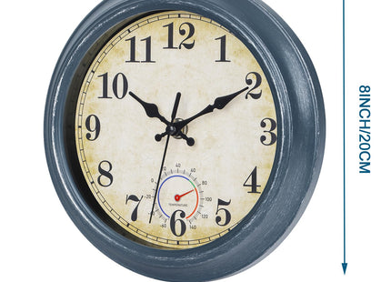Horizent Outdoor Clocks Waterproof with Thermometer Combo Rustic Coastal Beach Wall Clock Decor for Bathroom Patio Pool (8 Inch,Blue)