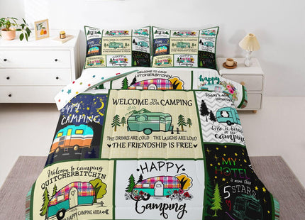 Erosebridal Camping Decor Quilt King,Camper Bedding Set Patchwork Style Wooden Cabin Comforter Set for Girls Women,Rustic Happy Camping Duvet Insert Retro Camp Travel Car Bedroom Decor