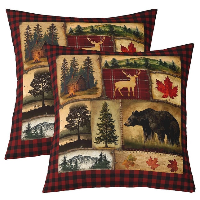 Set of 2 Bear Cabin Plaid Throw Pillow Covers 24x24 Inch, Rustic Farmhouse Pillow Covers, Retro Hunting Deer Cushion Covers, Woodland Pine Tree Maple Leaf Decorative Pillow Covers, Red Black Brown
