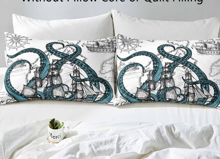 LUVIVIHOME 3PCS Octopus Duvet Cover Queen Bedding Sets, White Duvet Cover, Teal Kraken Tentacles Sailboat Anchor Rudder Coastal Ocean Marine Sea Animal Nautical Comforter Quilt Cover, 2 Pillow Cases