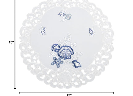 Embroidered Blue Seashell Beach on White Round Doily, Placemat (15 Inch Round)