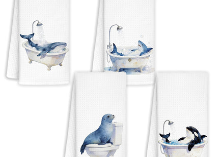 Jvpke Whale Shark Seal Coastal Beach Hand Towels for Bathroom Set of 4 - Nautical Hand Towels, Nautical Whale Beach Ocean Bathroom Decor