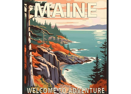Maine Black Framed Poster Art Print, Retro States Landscape Wall art Decor, Adventure Mountain and Scenery Painting for Bedroom, Living Room (Maine Scenery, 16x20 inches + (Black Frame))