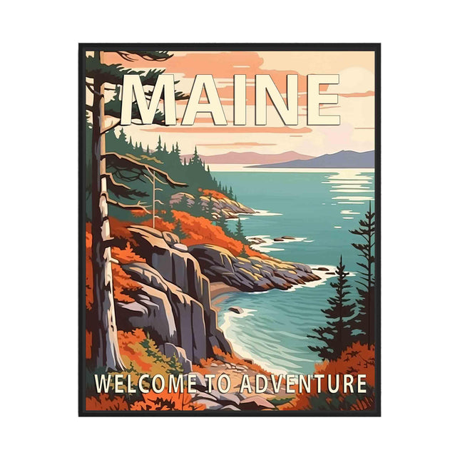 Maine Black Framed Poster Art Print, Retro States Landscape Wall art Decor, Adventure Mountain and Scenery Painting for Bedroom, Living Room (Maine Scenery, 16x20 inches + (Black Frame))