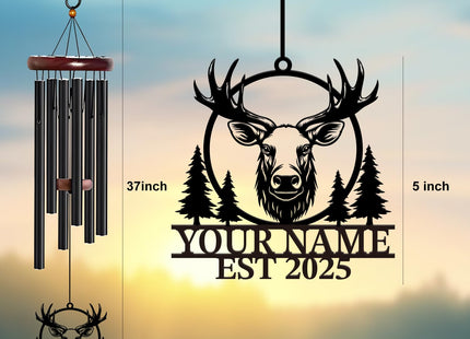WindWink Personalized Customize Name Moose Wind Chime, Metal Iron 37 Inch Outdoor Memorial Gift for Garden Yard Patio Home Decor, Black (Style D)