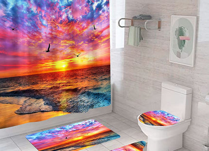 DDS-DUDES Beach Shower Curtain Bathroom Sets with Shower Curtain and Rugs Sunset Seagull Ocean Sunrise Sand Summer Holiday Seashore Waterproof Polyester Decor with Hooks 71x71 inch