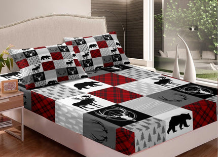 Plaid Deer Bear Bed Sheet Set Twin Size,Wild Animal Arrow Hunting Antler Patchwork Fitted Sheet with 1 Flat + 1 Pillow Sham,Rustic Red Buffalo Grid Bedding Set for Kids Boys Bedroom Decor