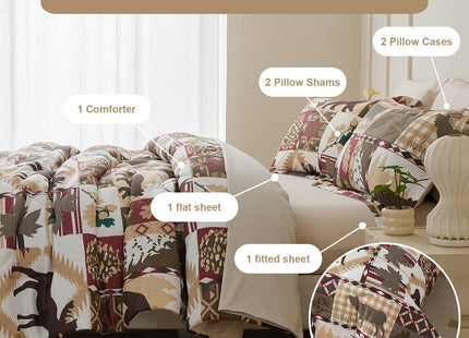Smuge Lodge Moose Comforters Queen Size Set - 7 Pieces Lightweight Bed in a Bag Bear Rustic Cabin Country Comforter Sets Queen Bed, Down Alternative Bedding Sets, Sheets, Pillowcases & Shams(Red)