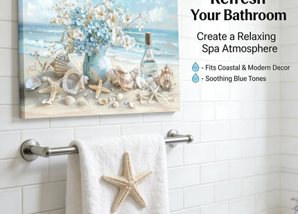 Blue Ocean Beach Bathroom Canvas Wall Art Seaside Seashell Painting Picture Wall Decor Starfish with White Flower Coastal Poster Print Artwork for Living Room Bedroom Bathroom Decor 12x16 in Canvas