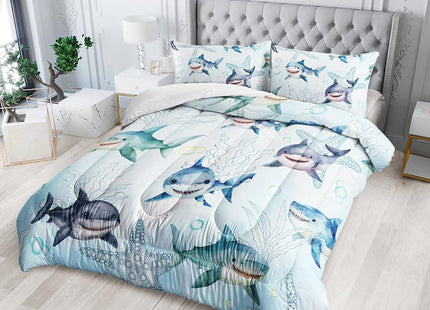 XYNHML Boys Blue Ocean Shark Comforter Set Full Size Shark Starfish Bedding Sets Seaweed Quilt Bed Set for Kid Girls with 1 Comforter and 2 Pillowcases