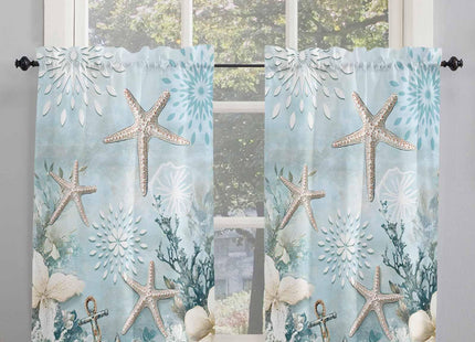 Teal Ocean Coastal Kitchen Curtains 54 Inches length, Summer Beach Window Treatment Curtain Drapes, Nautical Coral Starfish Thermal Insulated Drapes for Basement Hotel RV, 42"x54", 2 Panels