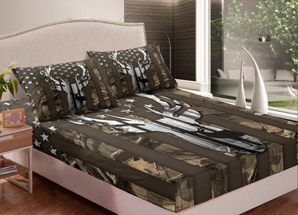 Rustic Wild Deer Fitted Sheet,Deer Antlers Animal Hunting Cabin Decor Bedding Set for Teens Men,Brown Camo Stripes Stars American Flag All-Round Deep Pocket Bed Sheet, Full Size (No Top Sheet)