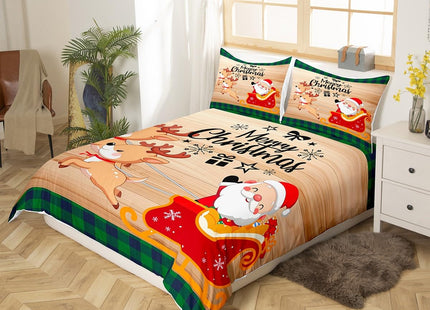 Merry Christmas Bedding Set Twin Size Cute Santa Claus Deer Duvet Cover Set 2Pcs,Black Green Xmas Grid Comforter Cover Kids Girls Boys Room Decor,Brown Rustic Wood Board Quilt Cover,1 Pillowcase