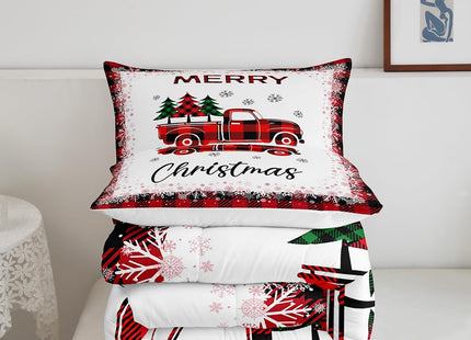 Christmas Truck Pine Tree Comforter Set Queen Size for Kids Girls Boys,Merry Christmas Bedding Set White Black Red Snowflake Patchwork Plaid Quilt Set Geometric Grid Duvet Insert,2 Pillowcases