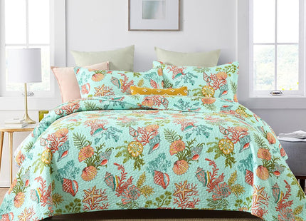 Autumn Dream Cotton Coastal Bedspread Quilt Sets Reversible Bedding Coverlet Sets Comforters, Fairytale Starfish Seashell Bedspread, Marine Green Ocean, King Size