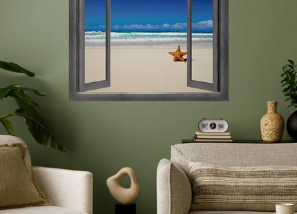 wall26 - Open Window Creative Wall Decor - View of The Ocean and a Lone Starfish - Wall Mural, Removable Sticker, Home Decor - 24x32 inches
