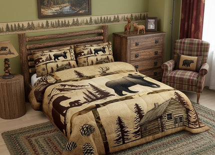 Feelyou Lodge Cabin Comforter Set Toddler Size Gray Bear Pine Tree Silhouette Pattern Quilted Duvet with 1 Pillowcases+1 Wild Animal Western Jungle Style Bedding for Teens Adults 2 Pcs