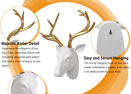 Faux Deer Head Wall Decor, White Fake Furry/Felt/Velvety Resin Deer Head With Gold Antlers for Home/Bar/Office, Size 16" x 12.5" x 7.5" By Smarten Arts